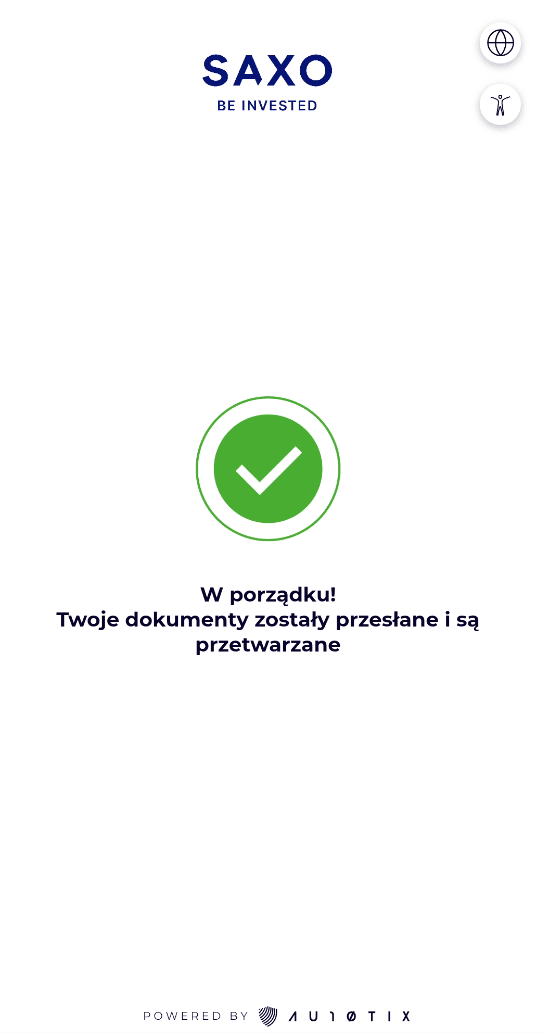 Potwierdzenie przesłania dokumentów tożsamości do weryfikacji w SAXO Bank