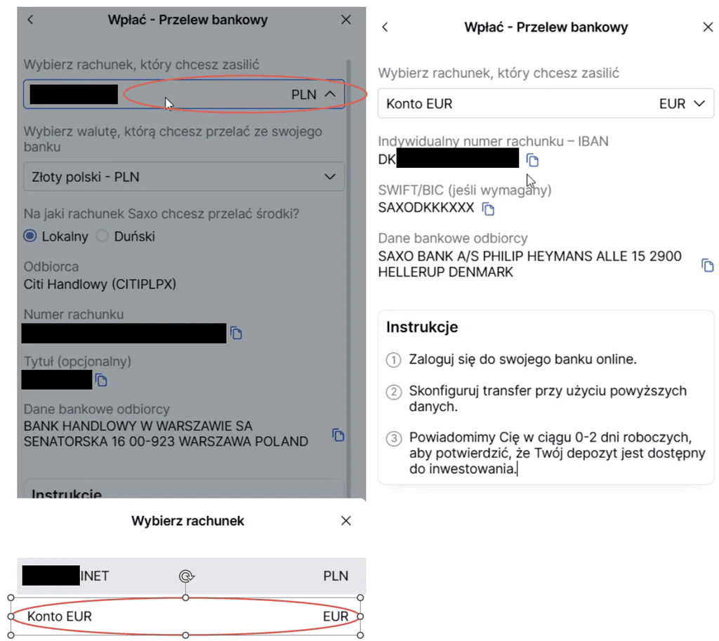 Potwierdzenie utworzenia subkonta walutowego EUR w SAXO Bank