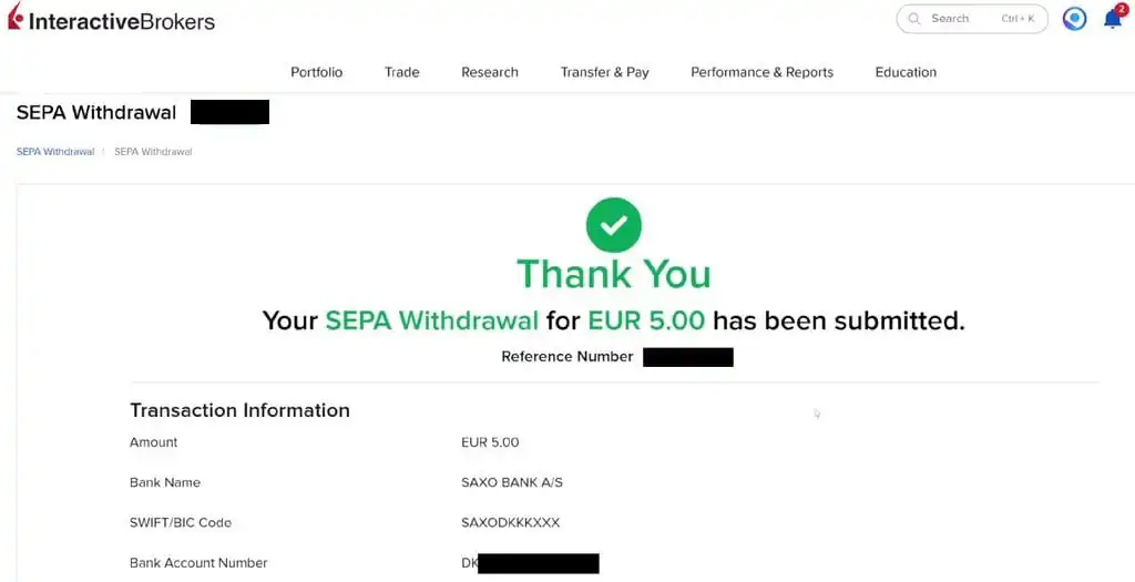 Potwierdzenie wypłaty SEPA z konta Interactive Brokers