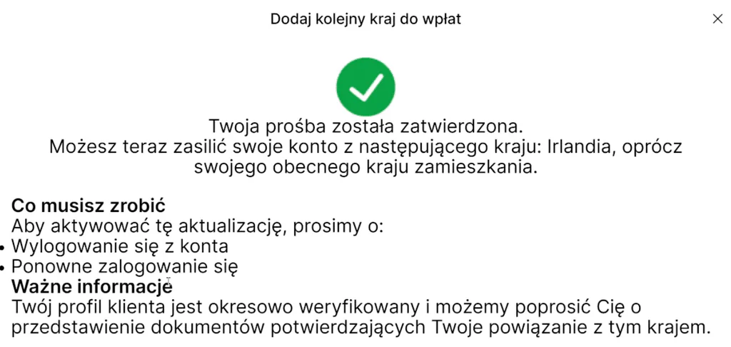 Potwierdzenie zatwierdzenia dodatkowego kraju zasilenia rachunku