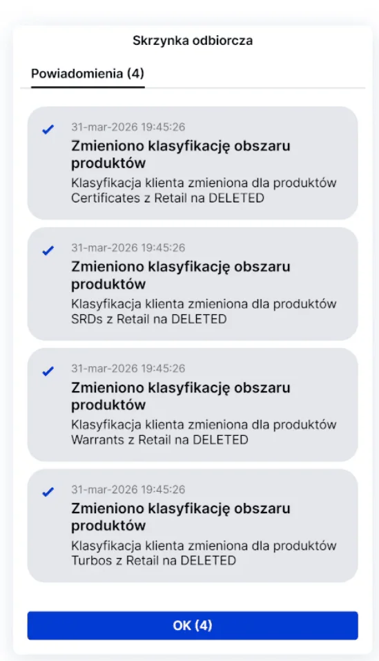 Powiadomienia SAXO Bank o zmianie klasyfikacji obszaru produktów