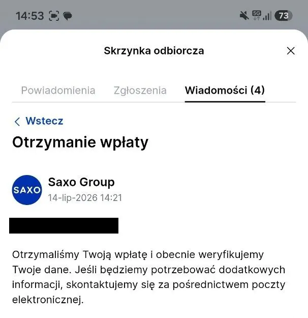Powiadomienie e-mail o otrzymaniu wpłaty na konto SAXO Bank