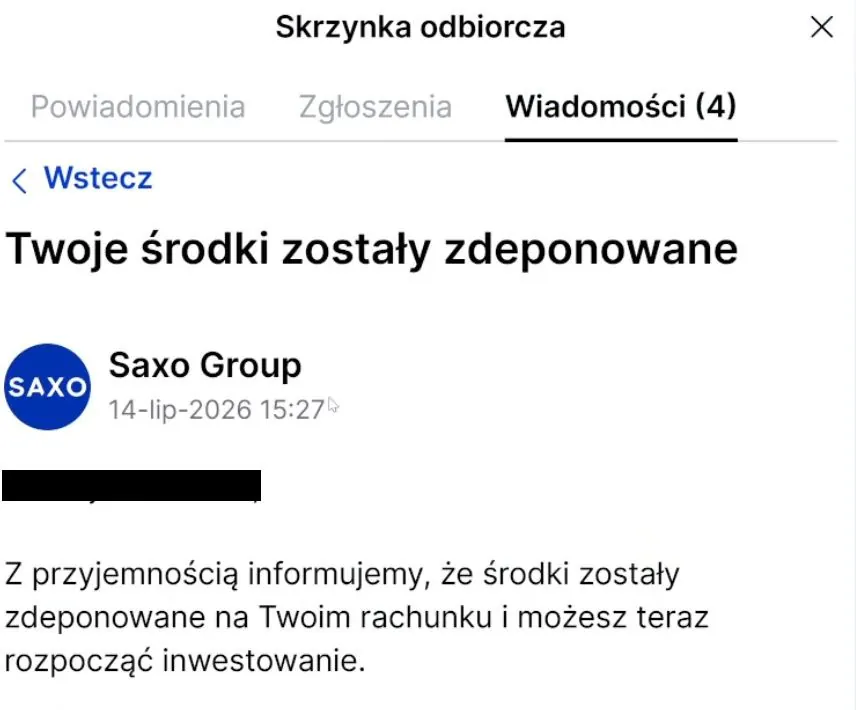 Powiadomienie SAXO Bank o zdeponowaniu środków na koncie