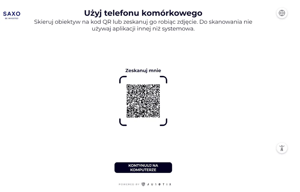 Skanowanie kodu QR do weryfikacji tożsamości w aplikacji SAXO Bank