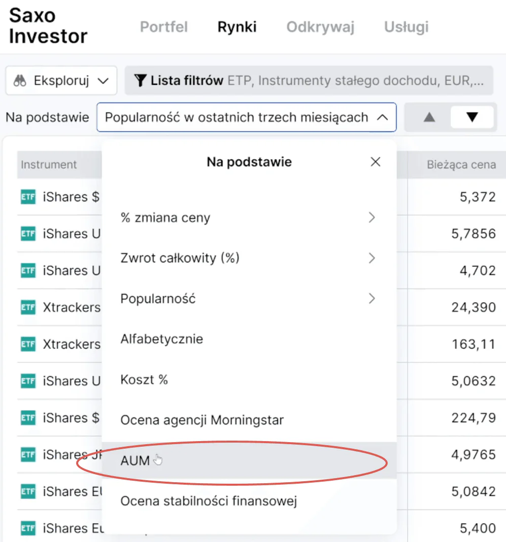 Sortowanie listy ETF według popularności i wielkości aktywów (AUM)