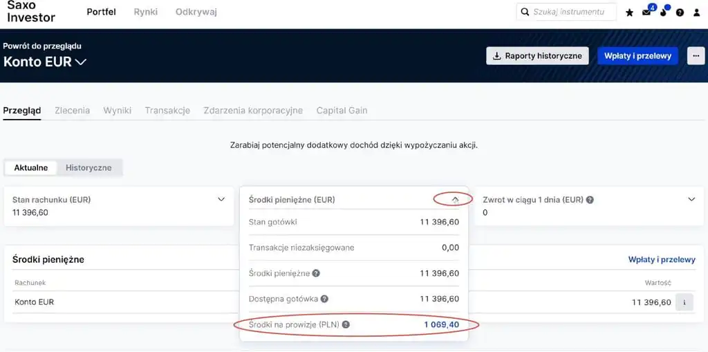 Widok środków na prowizje w koncie EUR w SAXO Bank