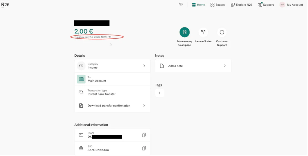 Szczegóły transferu środków w aplikacji bankowej odbiorcy