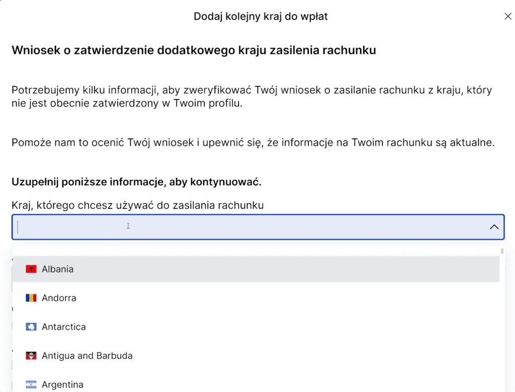 Lista krajów do wyboru przy zatwierdzaniu zasilenia rachunku SAXO Bank