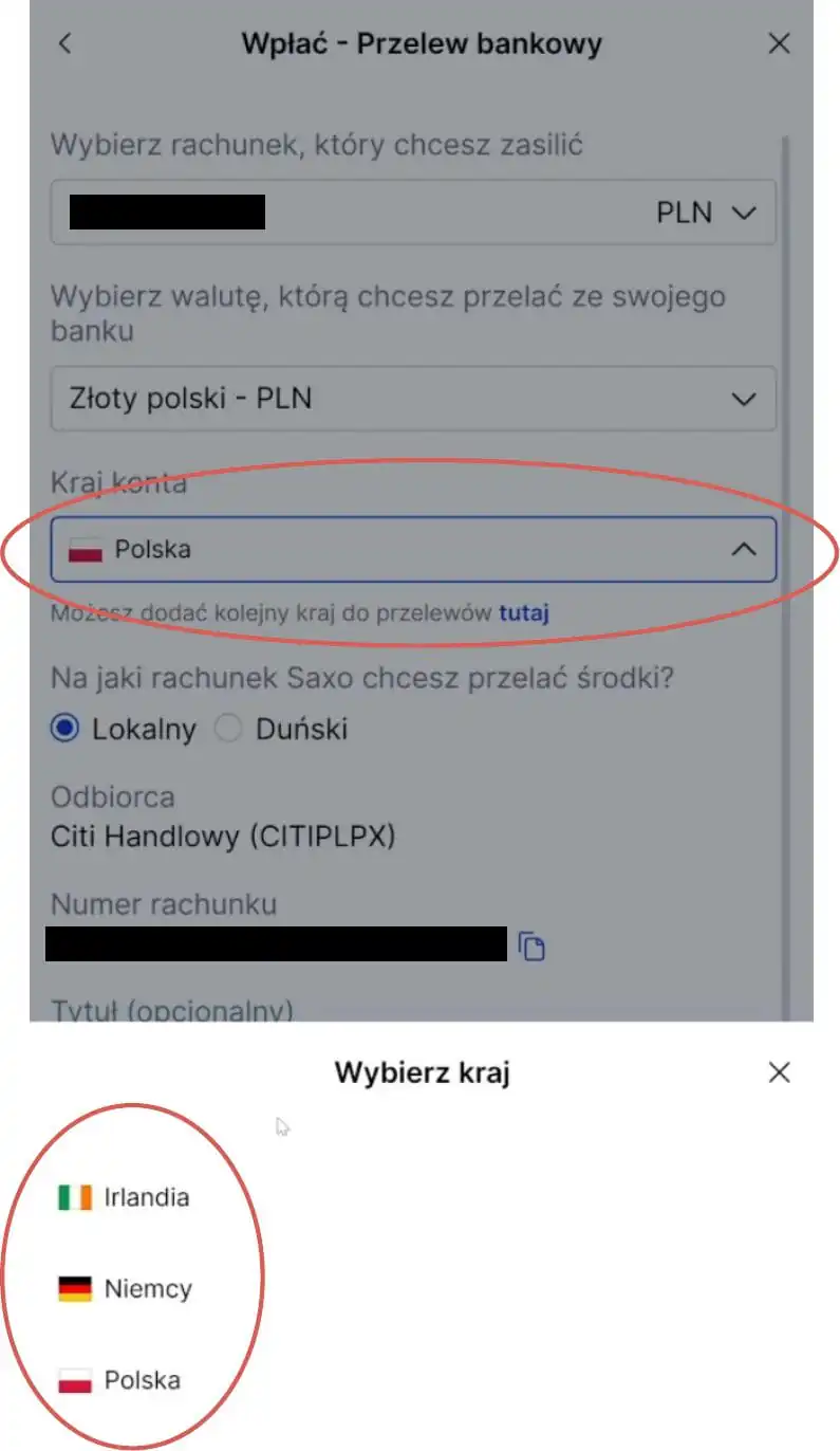 Wybór kraju konta bankowego przy przelewie na SAXO Bank