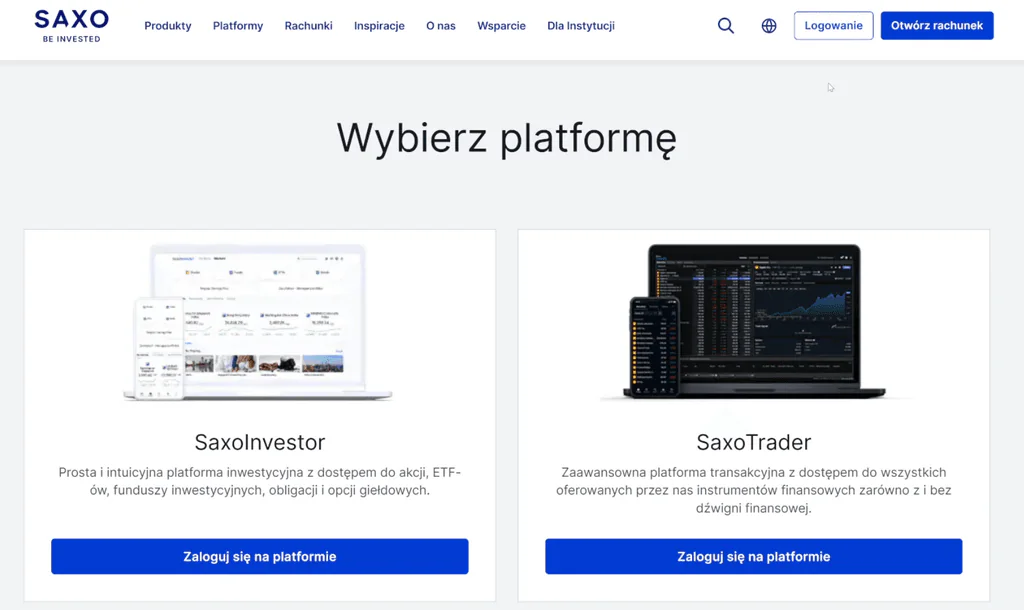Wybór platformy SAXO Investor lub SAXO Trader po pierwszym logowaniu