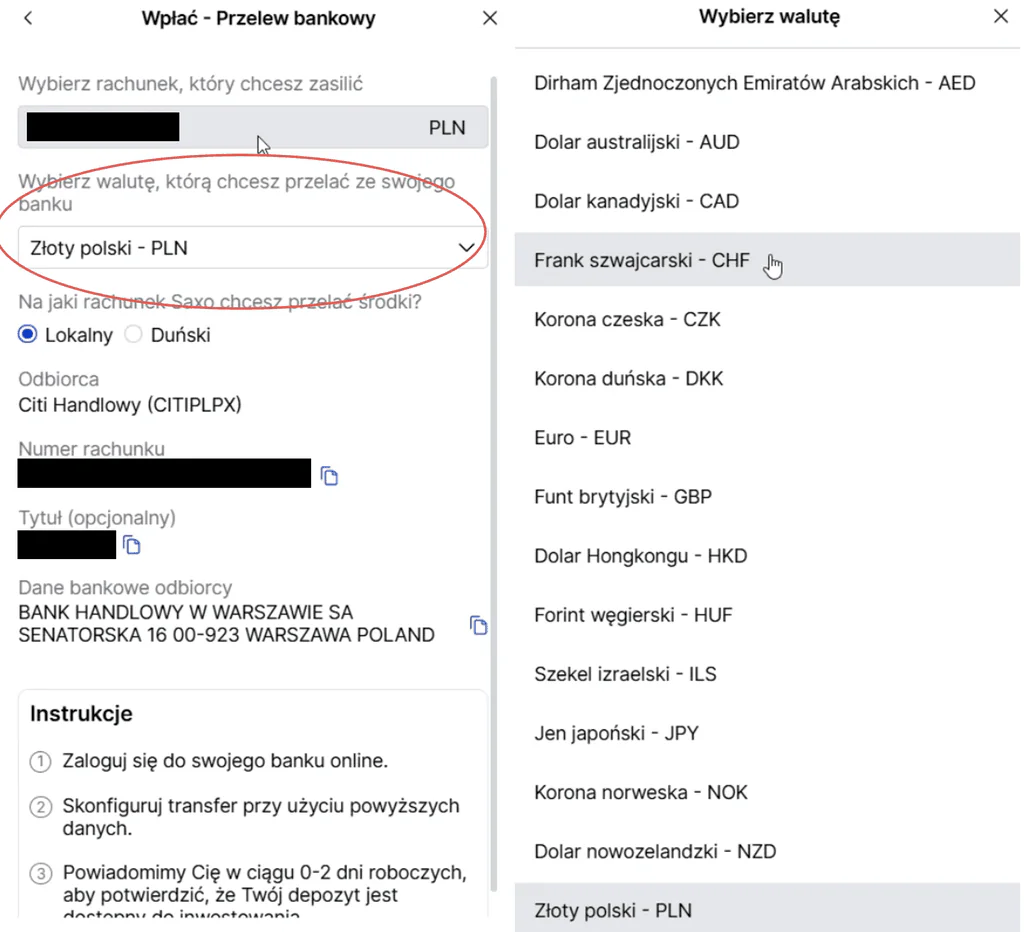 Formularz wpłaty – wybór waluty przelewu na konto SAXO Bank