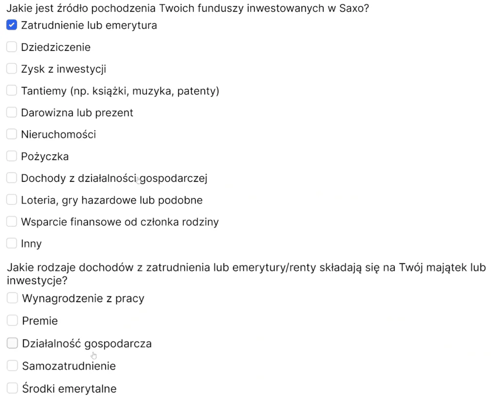 Deklaracja źródła pochodzenia środków inwestycyjnych w SAXO Bank