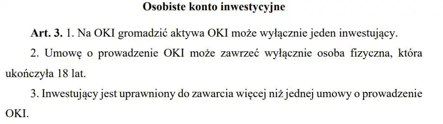Fragment projektu ustawy o osobistych kontach inwestycyjnych – art. 3, liczba kont OKI