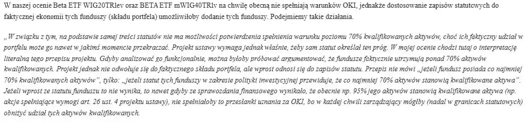 Ocena AgioFunds TFI, czy Beta ETF WIG20TR i Beta ETF mWIG40TR spełniają warunki ustawowe OKI
