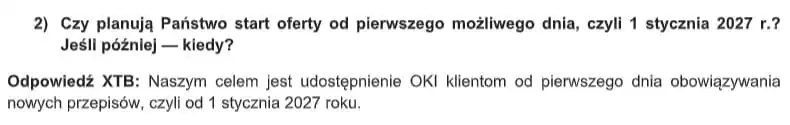 Odpowiedź XTB na pytanie FBO o start oferty OKI od 1 stycznia 2027