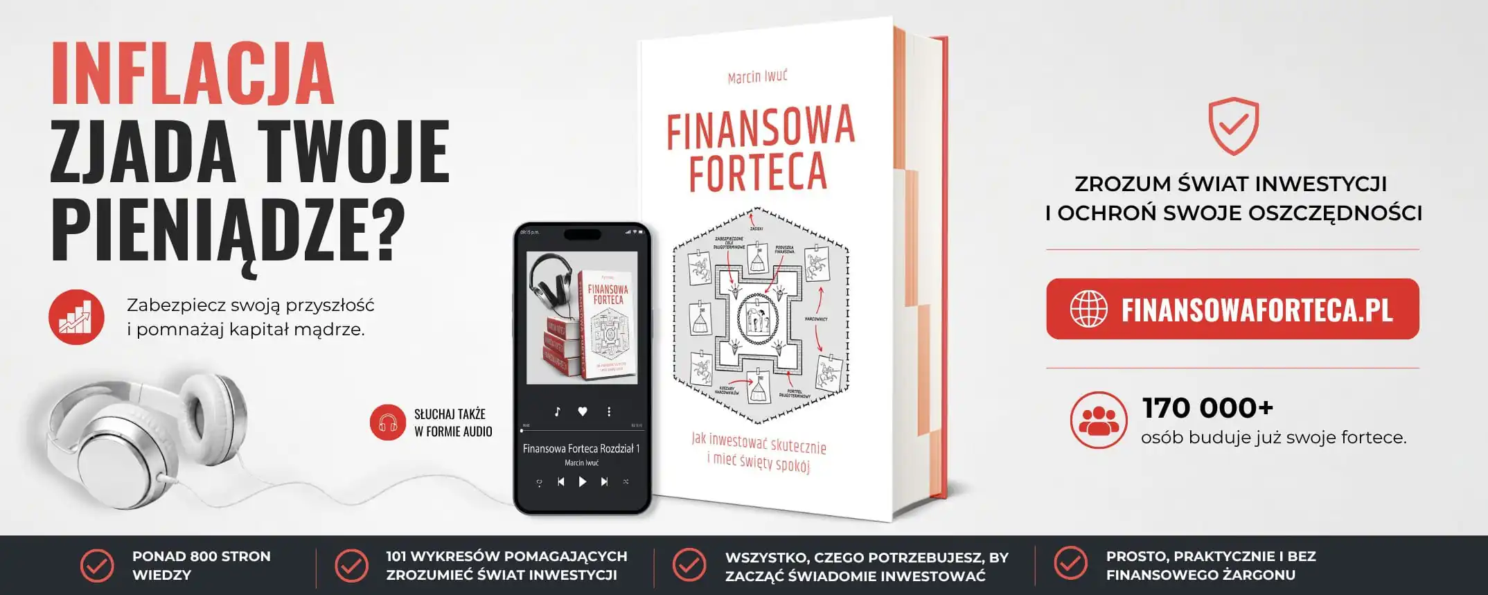 Baner książki Finansowa Forteca Marcina Iwucia z hasłem Inflacja zjada Twoje pieniądze, informacją o ponad 800 stronach i 101 wykresach oraz o ponad 170 000 czytelników