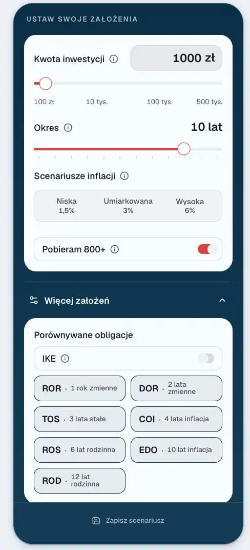 Panel założeń kalkulatora obligacji dla pierwszego scenariusza: kwota inwestycji 1000 zł, okres 10 lat, włączona opcja Pobieram 800+ i lista porównywanych serii od ROR do ROD