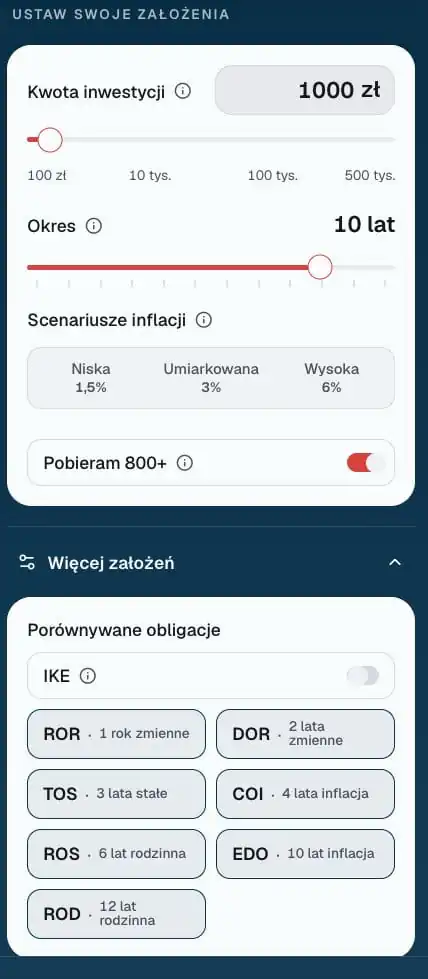 Panel założeń kalkulatora dla scenariusza rosnącej inflacji: 1000 zł, okres 10 lat, opcja Pobieram 800+ włączona, wszystkie serie obligacji wybrane do porównania