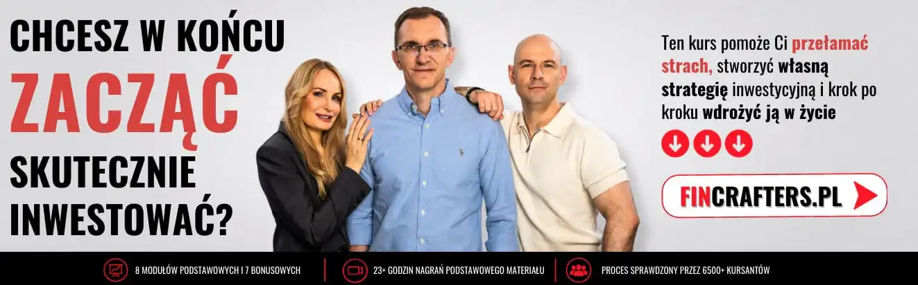 Baner kursu Zacznij Skutecznie Inwestować prowadzonego przez Marcina Iwucia, Kasię Iwuć i Maćka, informujący o 8 modułach podstawowych, 7 bonusowych i 23 godzinach nagrań