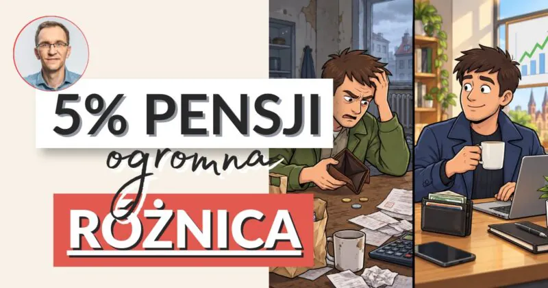 Marcin Iwuć i hasło „5% pensji – ogromna różnica” obok ilustracji dwóch mężczyzn: zmartwionego nad pustym portfelem i rachunkami oraz spokojnego przy kawie i laptopie z rosnącym wykresem