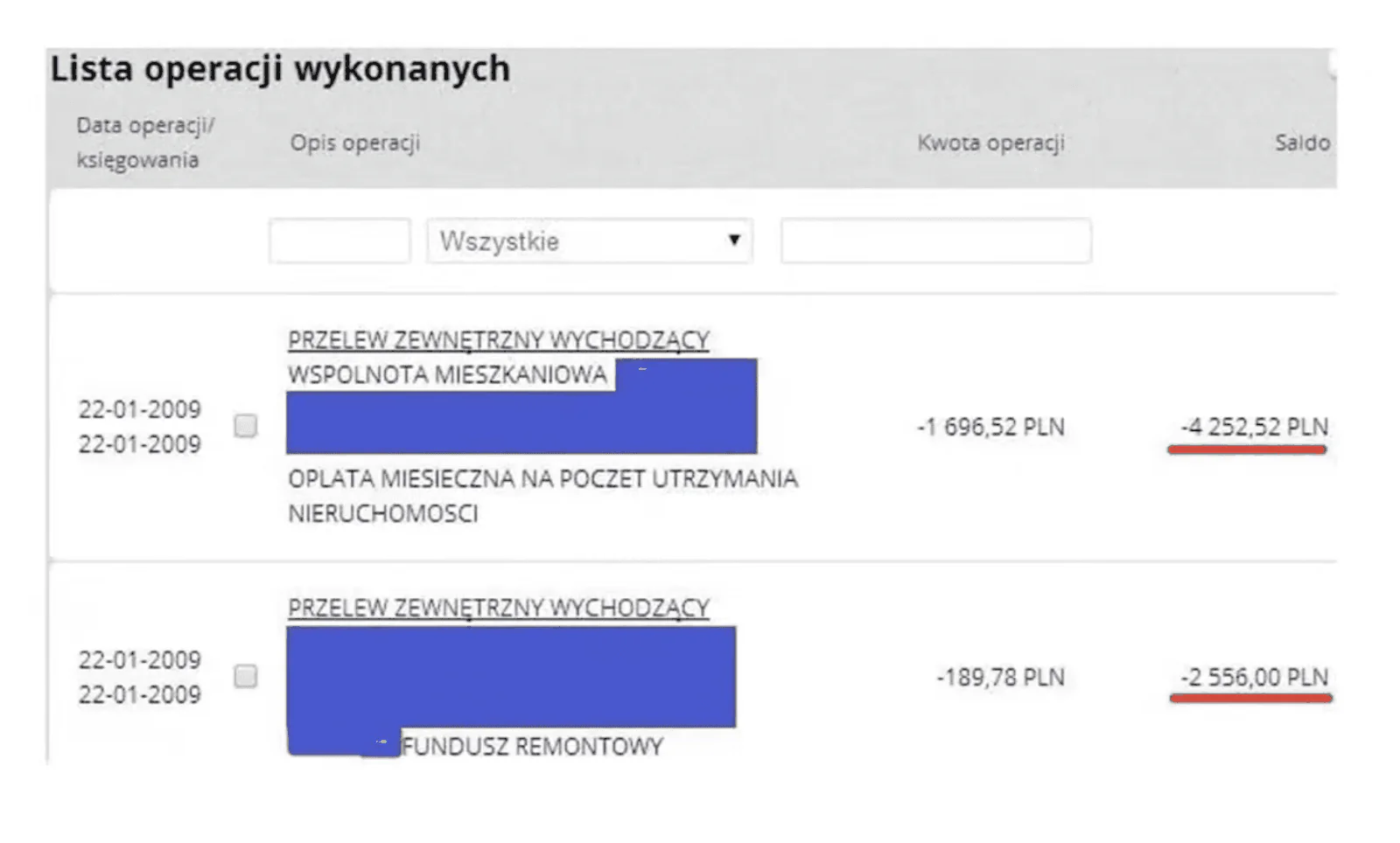 Wyciąg z konta Marcina Iwucia z 22 stycznia 2009 roku: po opłaceniu zaliczki do wspólnoty mieszkaniowej i funduszu remontowego saldo wynosi minus 4 252,52 zł