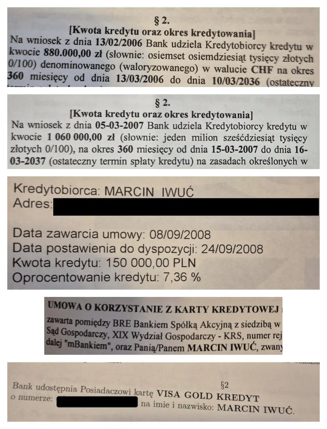 Fragmenty umów kredytowych Marcina Iwucia z lat 2006–2008: kredyt 880 000 zł we frankach szwajcarskich, kredyt 1 060 000 zł, kredyt 150 000 zł oraz umowy kart kredytowych, w tym VISA GOLD