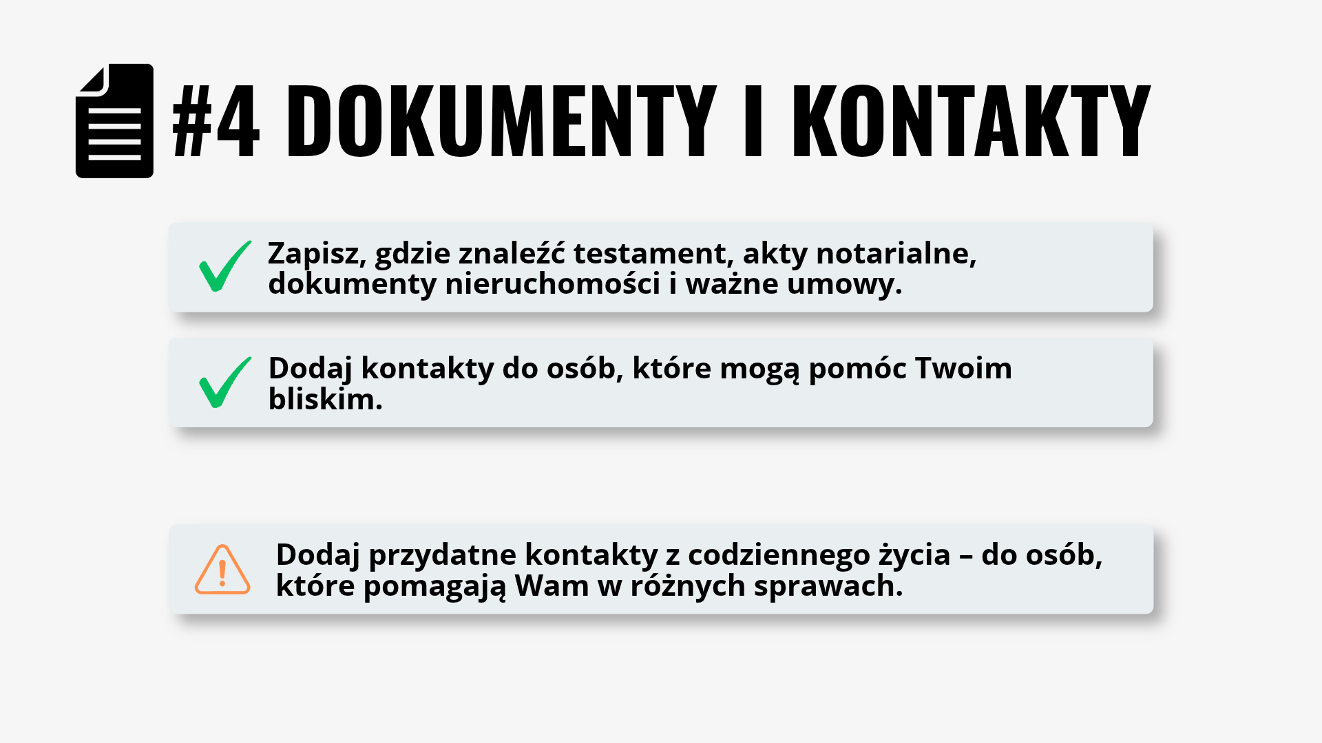 Czerwona teczka, lista 4 – dokumenty i kontakty: gdzie znaleźć testament, akty notarialne, dokumenty nieruchomości i ważne umowy oraz kontakty do osób, które pomogą Twoim bliskim, także z codziennego życia