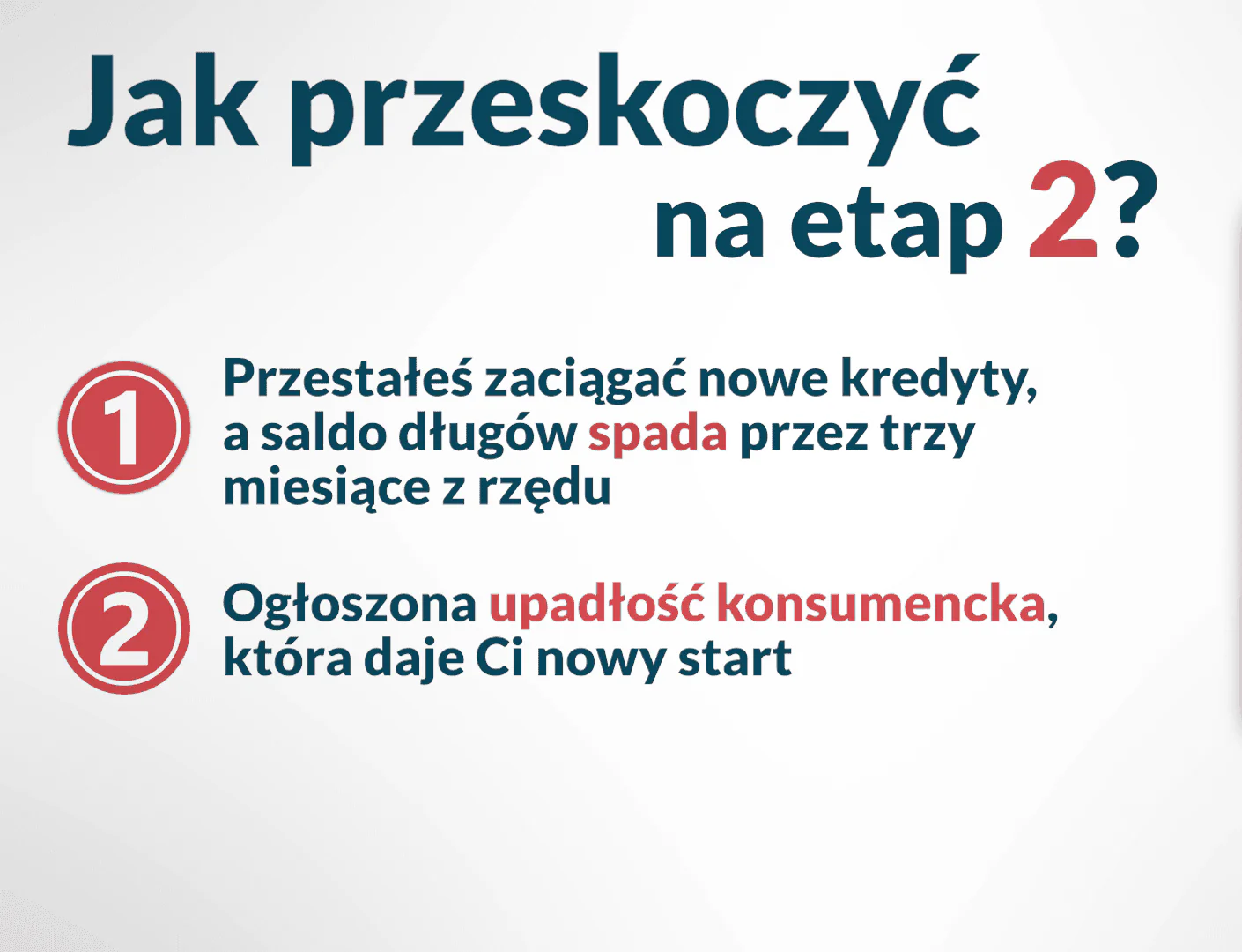 Jak przeskoczyć na etap 2: przestałeś zaciągać nowe kredyty, a saldo długów spada przez trzy miesiące z rzędu, albo ogłoszona upadłość konsumencka daje Ci nowy start