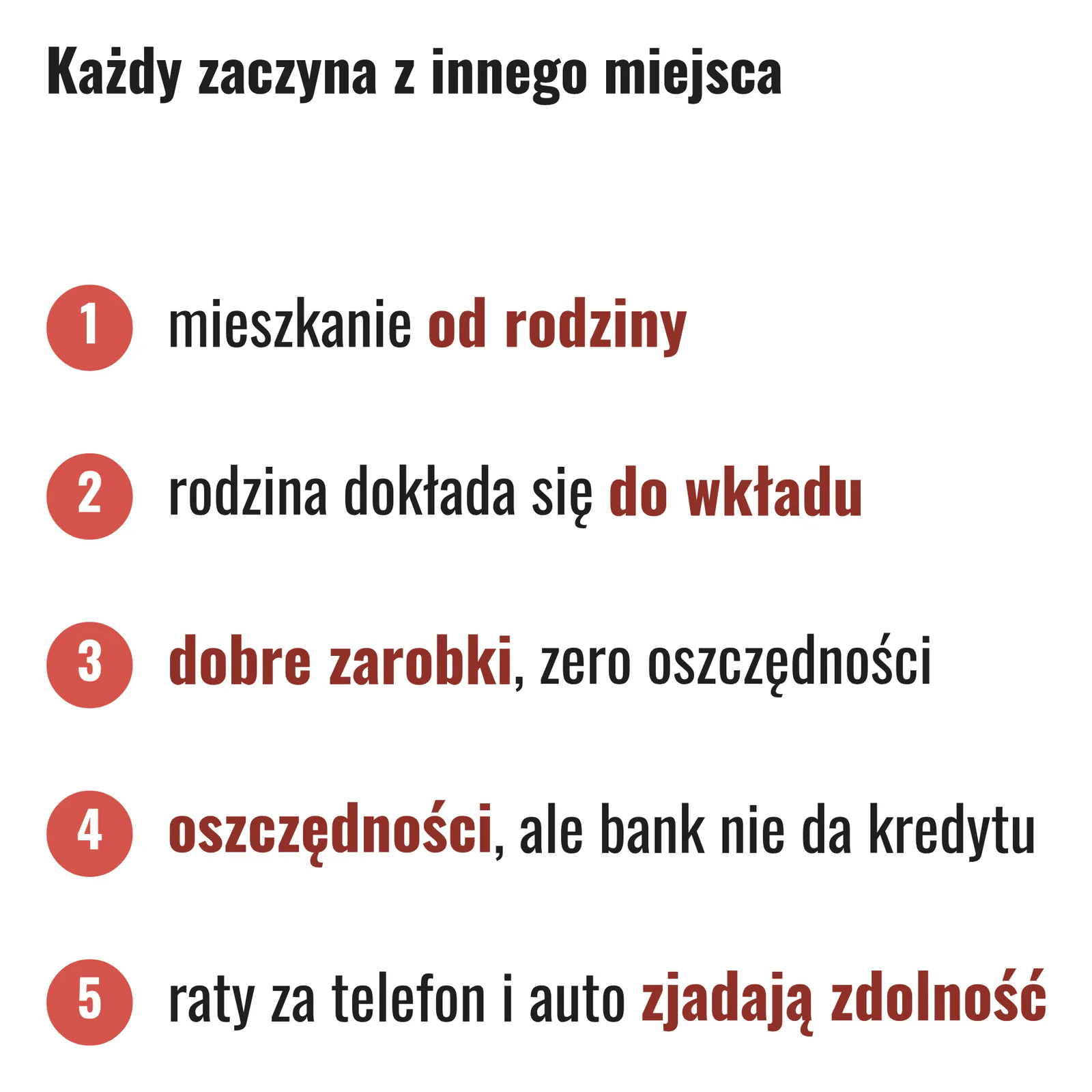 Każdy zaczyna drogę do pierwszego mieszkania z innego miejsca: mieszkanie od rodziny, pomoc rodziny przy wkładzie, dobre zarobki bez oszczędności, oszczędności bez kredytu albo raty za telefon i auto, które zjadają zdolność