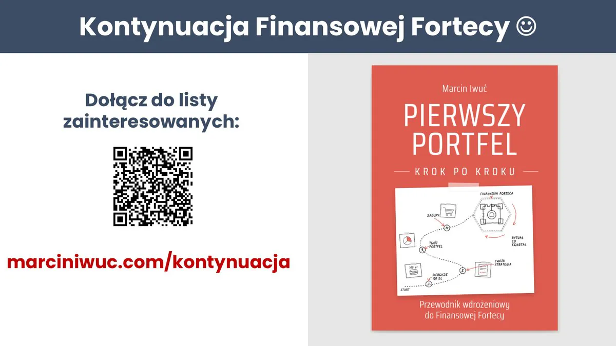 Okładka kontynuacji Finansowej Fortecy „Pierwszy portfel krok po kroku” i kod QR do listy zainteresowanych marciniwuc.com/kontynuacja